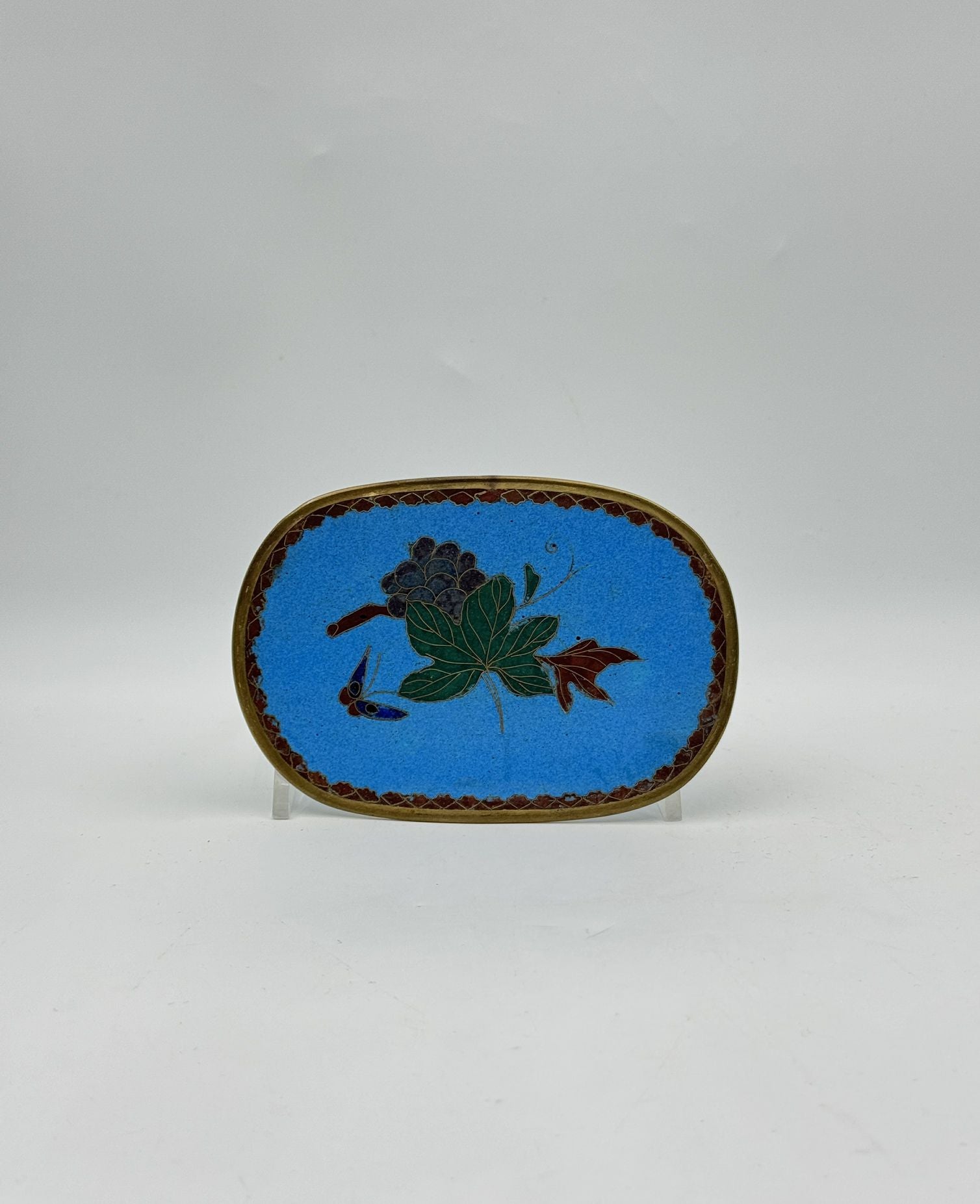 Vintage Chinese Cloisonné Oval Dish – Grapes & Butterfly on Blue
