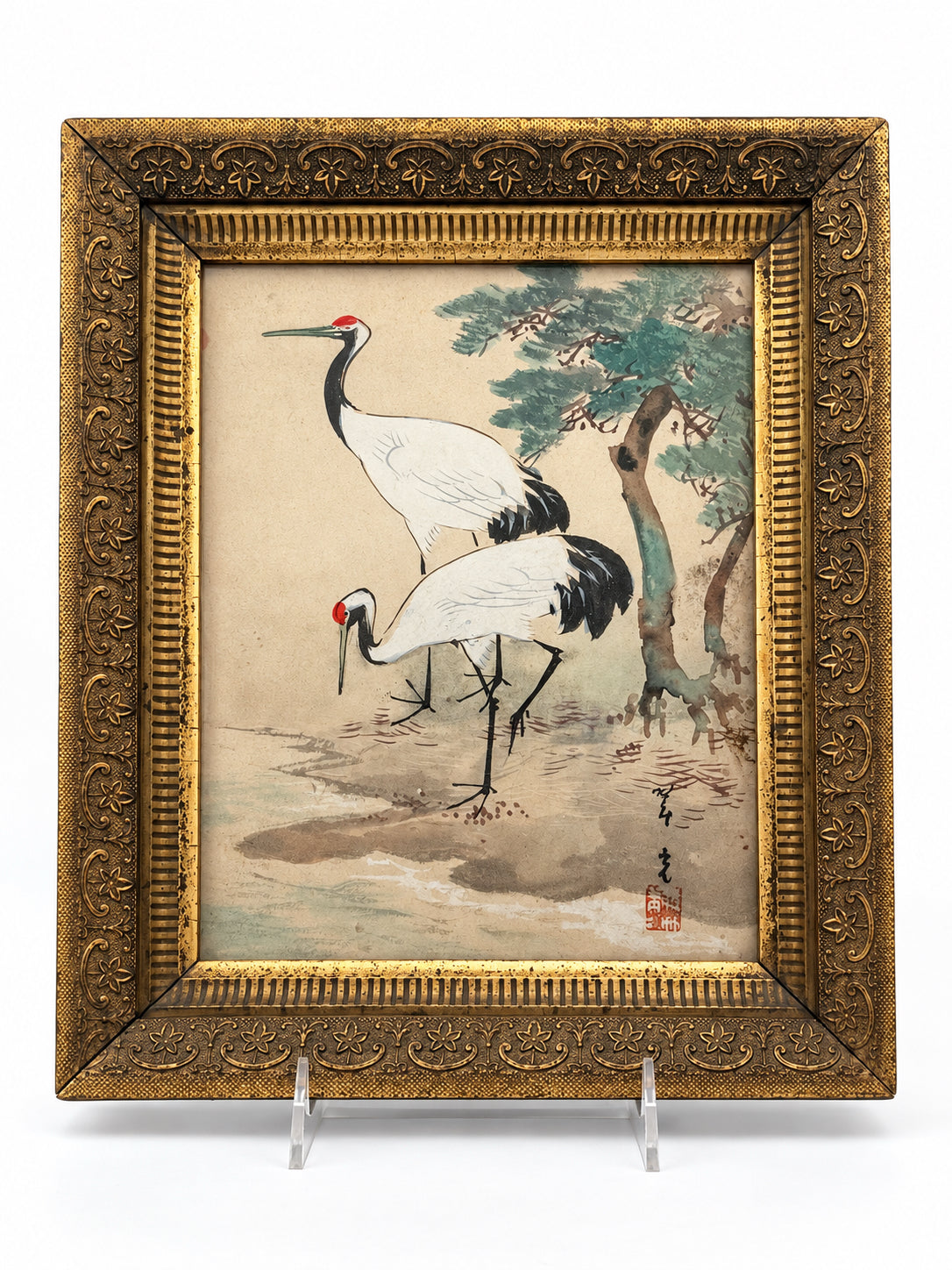 Framed Chinese Watercolor Of Cranes