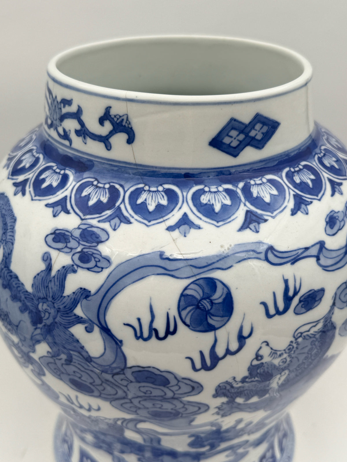 Large Blue And White Ginger Jar With Lions