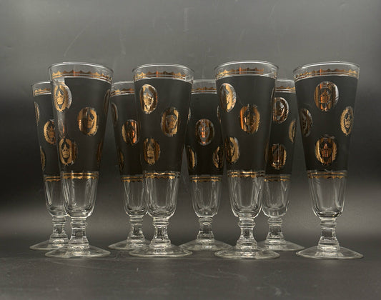 Vintage MCM G. Reeves Black And Gold Pilsner Glasses- Set Of Eight
