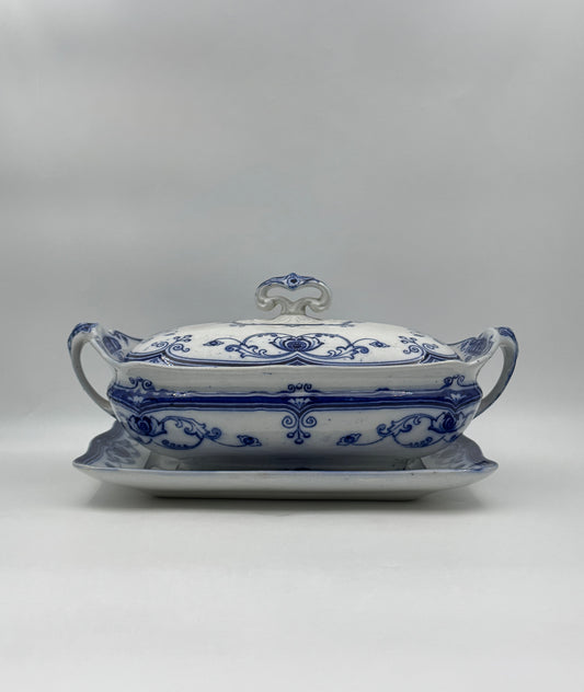 Ford & Sons Covered Tureen with Under Platter – Flow Blue, Burleigh England, c.1915
