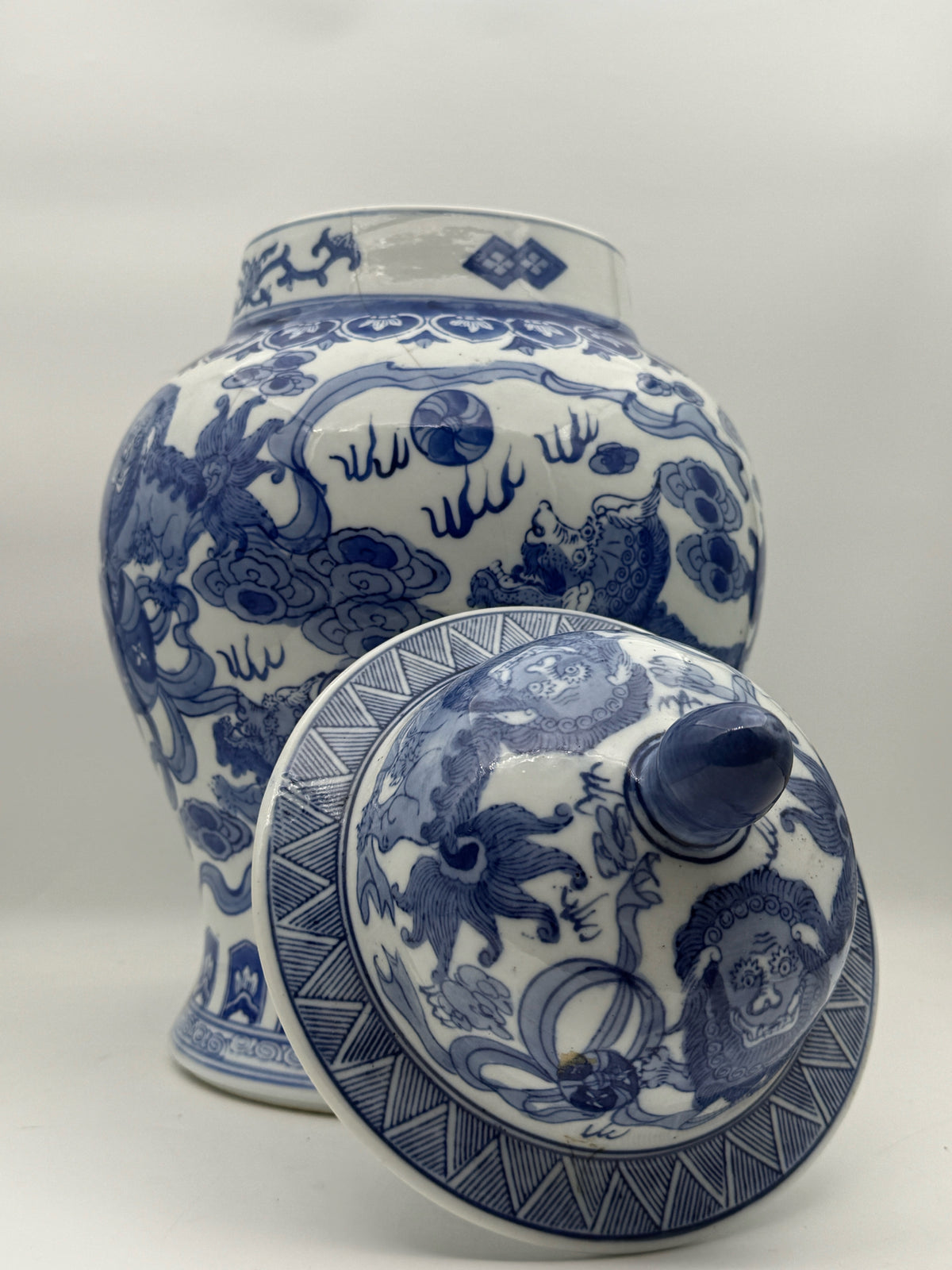 Large Blue And White Ginger Jar With Lions