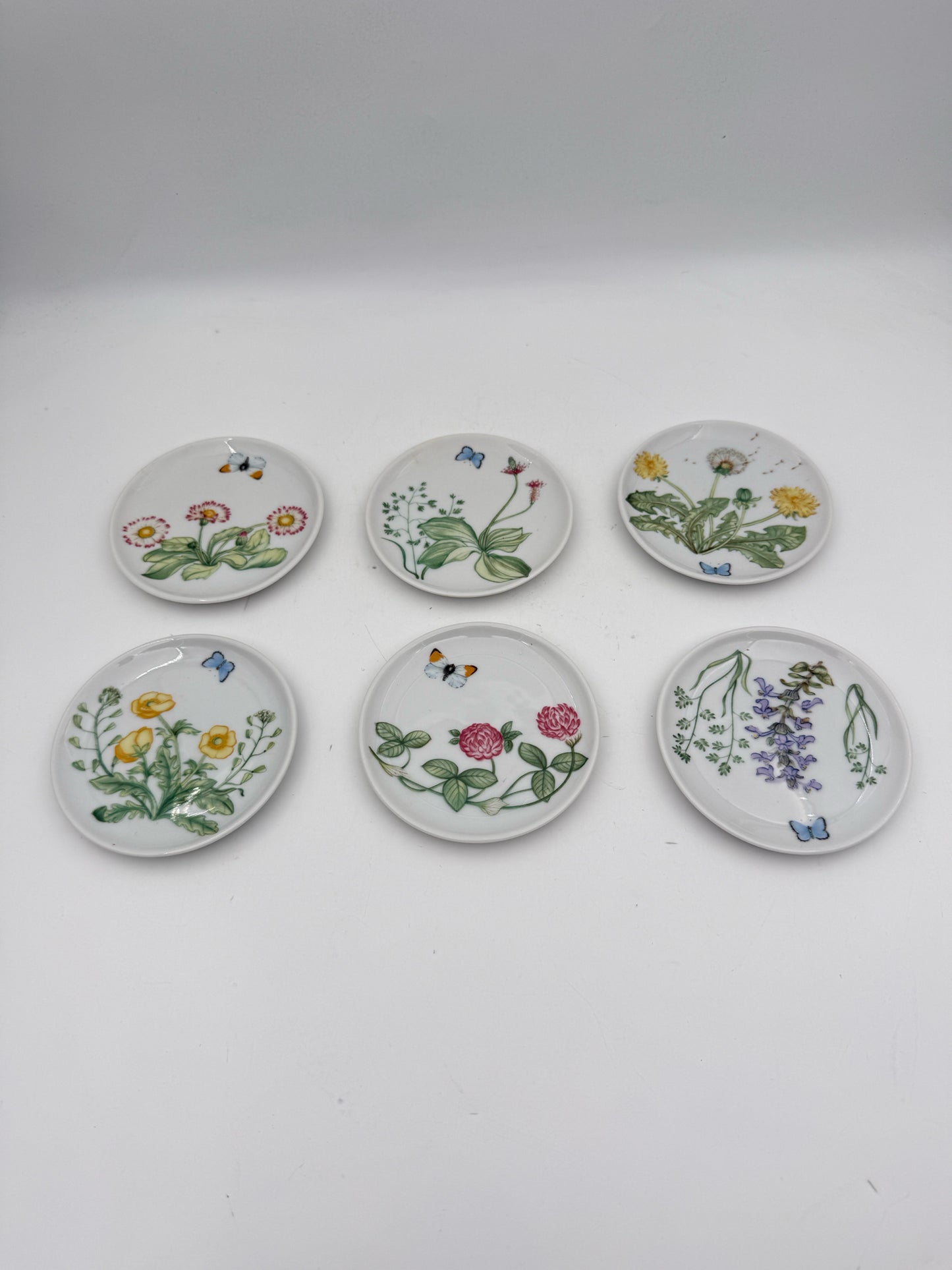 German Porcelain Flowers And Butterflies Coasters- Set Of Six