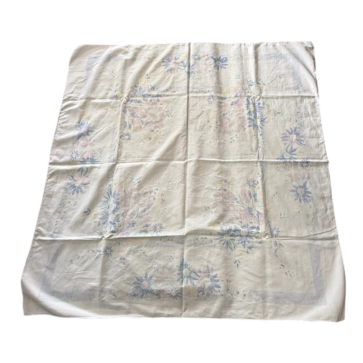 Vintage MCM Tablecloth With Blue Crochet Edging