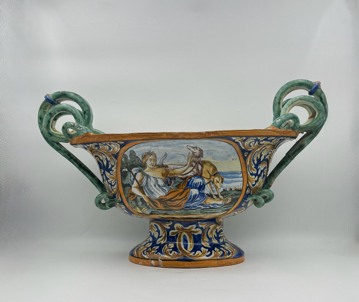Antique Italian Majolica Zeus And Artemis Jardiniere With Snake Handles