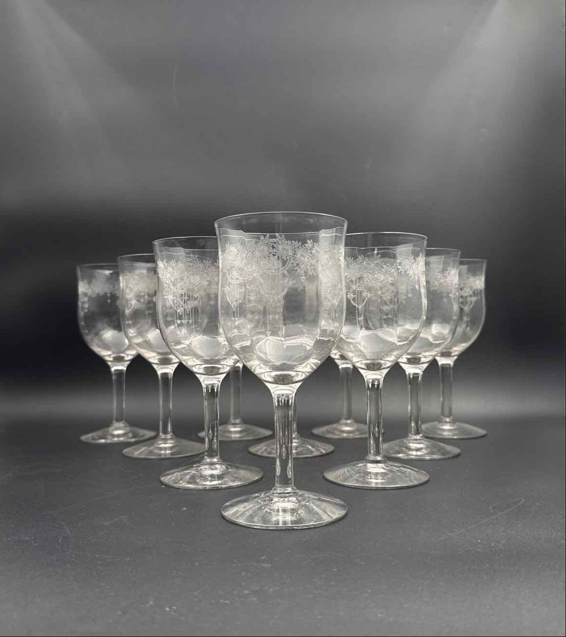 Vintage Fostoria Etched Wine Glasses Set of 10 Crystal Stemware Set