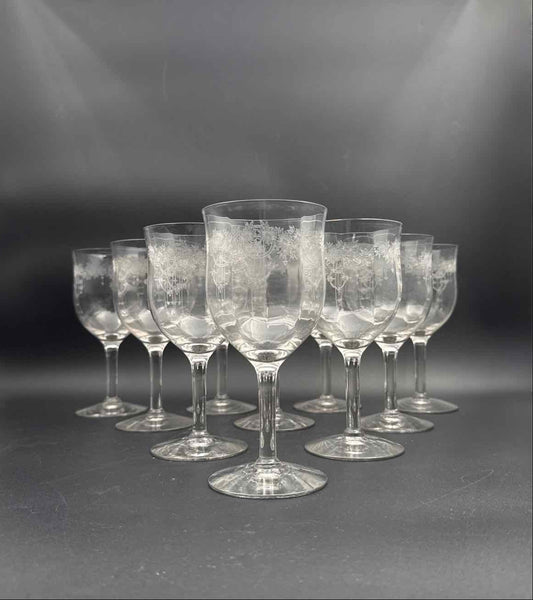 Vintage Fostoria Etched Wine Glasses Set of 10 Crystal Stemware Set