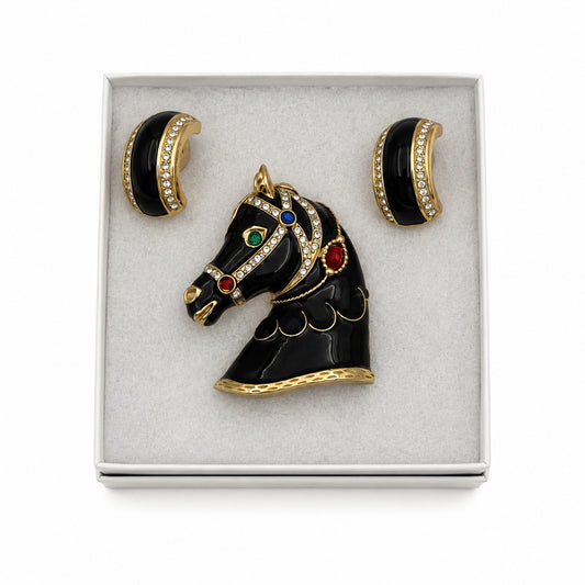 Vintage Craft Horse Head And Earrings Costume Jewelry Set