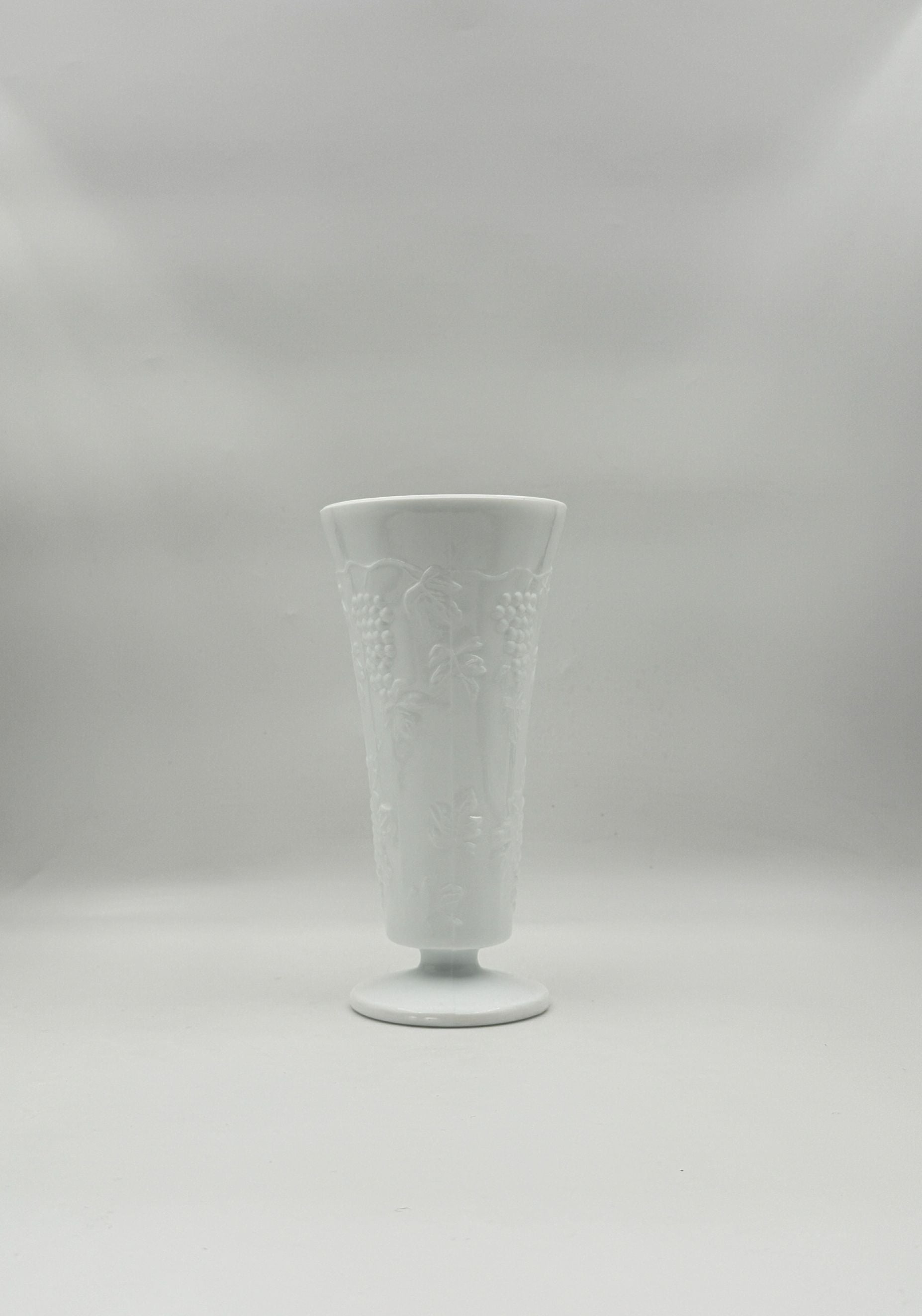 Milk Glass Pedestal Vase – White Embossed Grapes Vintage Decor Piece