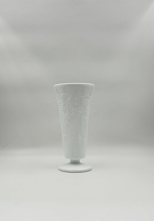 Milk Glass Pedestal Vase – White Embossed Grapes Vintage Decor Piece