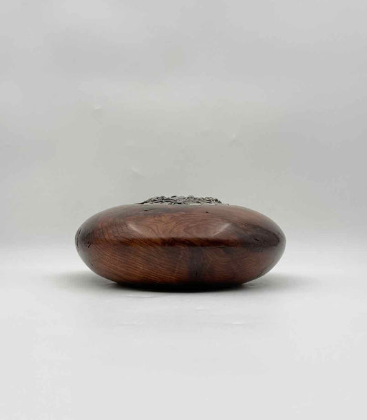 Vintage Hand Turned Wooden Bowl Box with Pewter Rose Lid Decorative