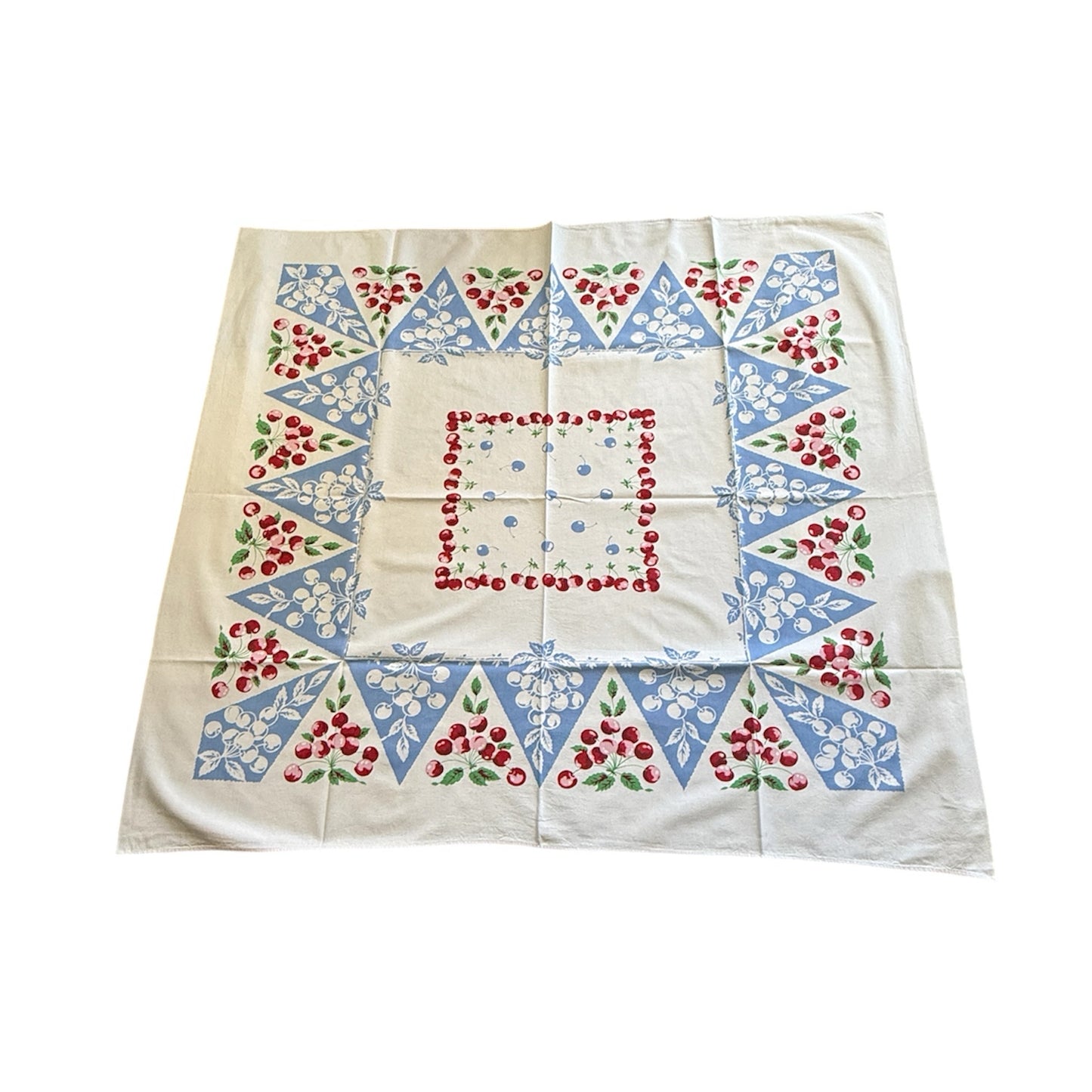 Vintage Mid Century Blue And Red Cherry Tablecloth