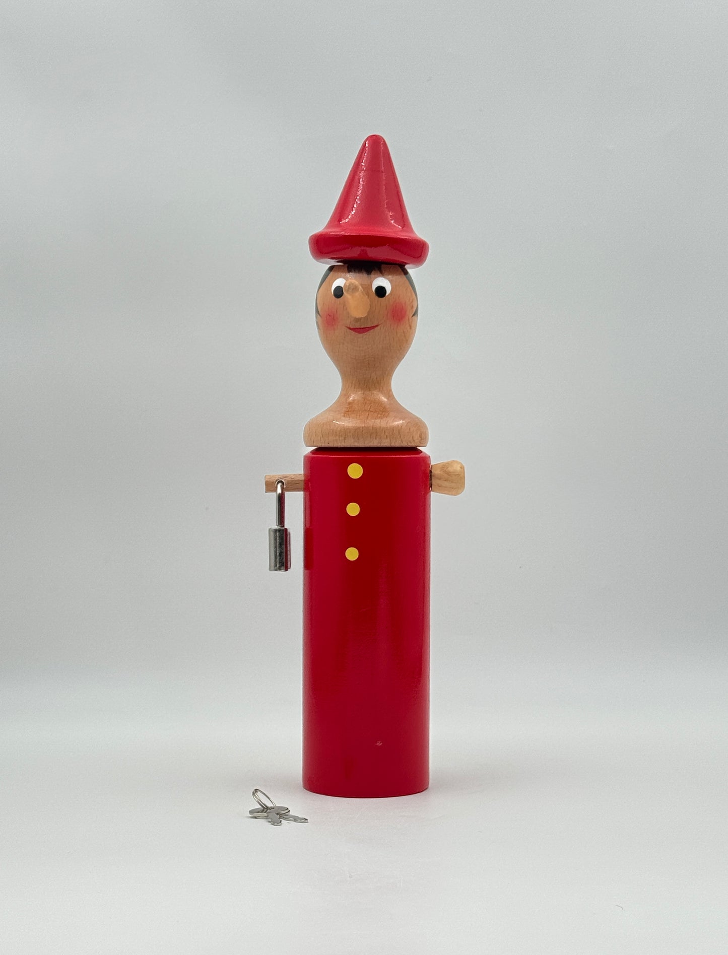Italian Wooden Pinocchio Coin Bank with Lock & Key