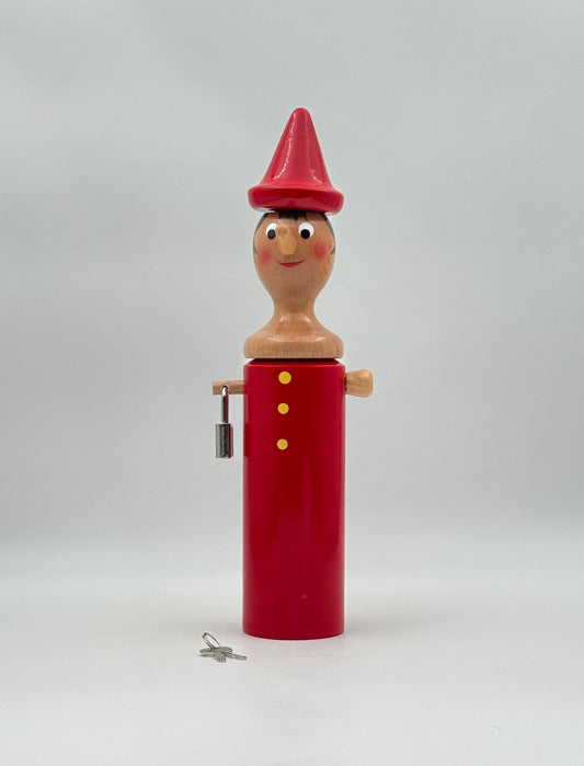 Italian Wooden Pinocchio Coin Bank with Lock & Key