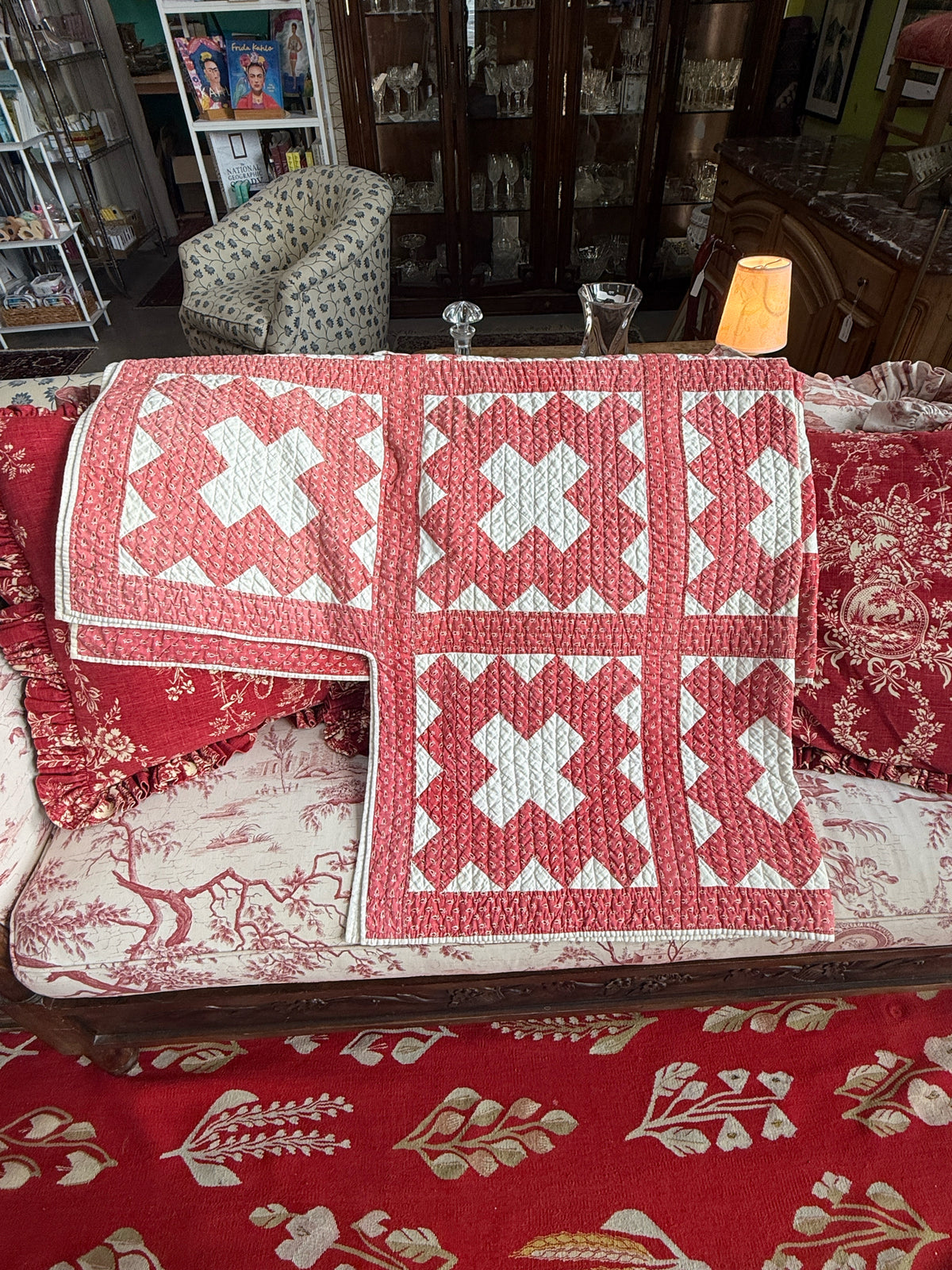 Vintage "Crossed Canoe" Red And White Quilt
