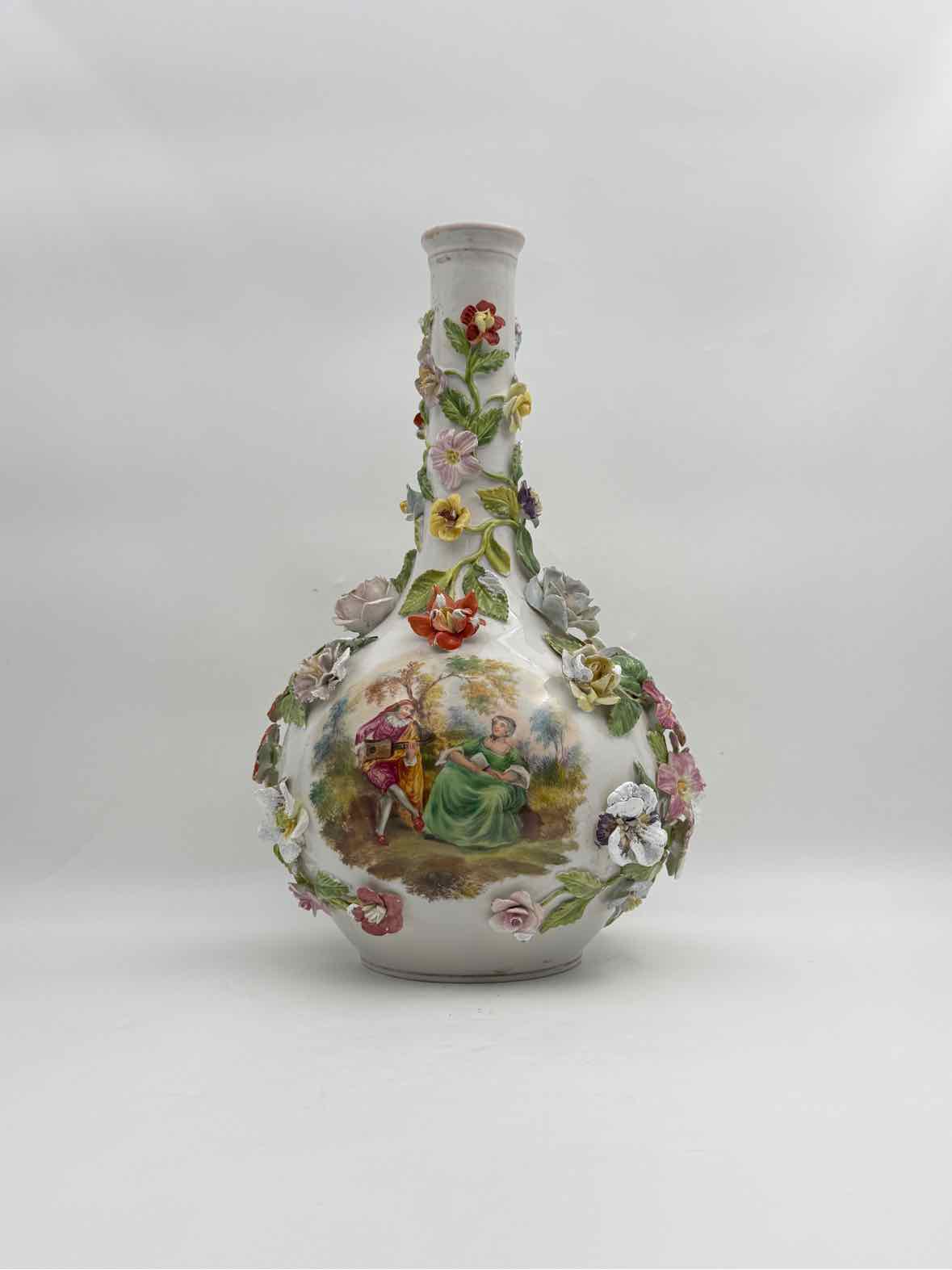 Antique 19th Century Meissen Inspired Floral Encrusted Handpainted Vases