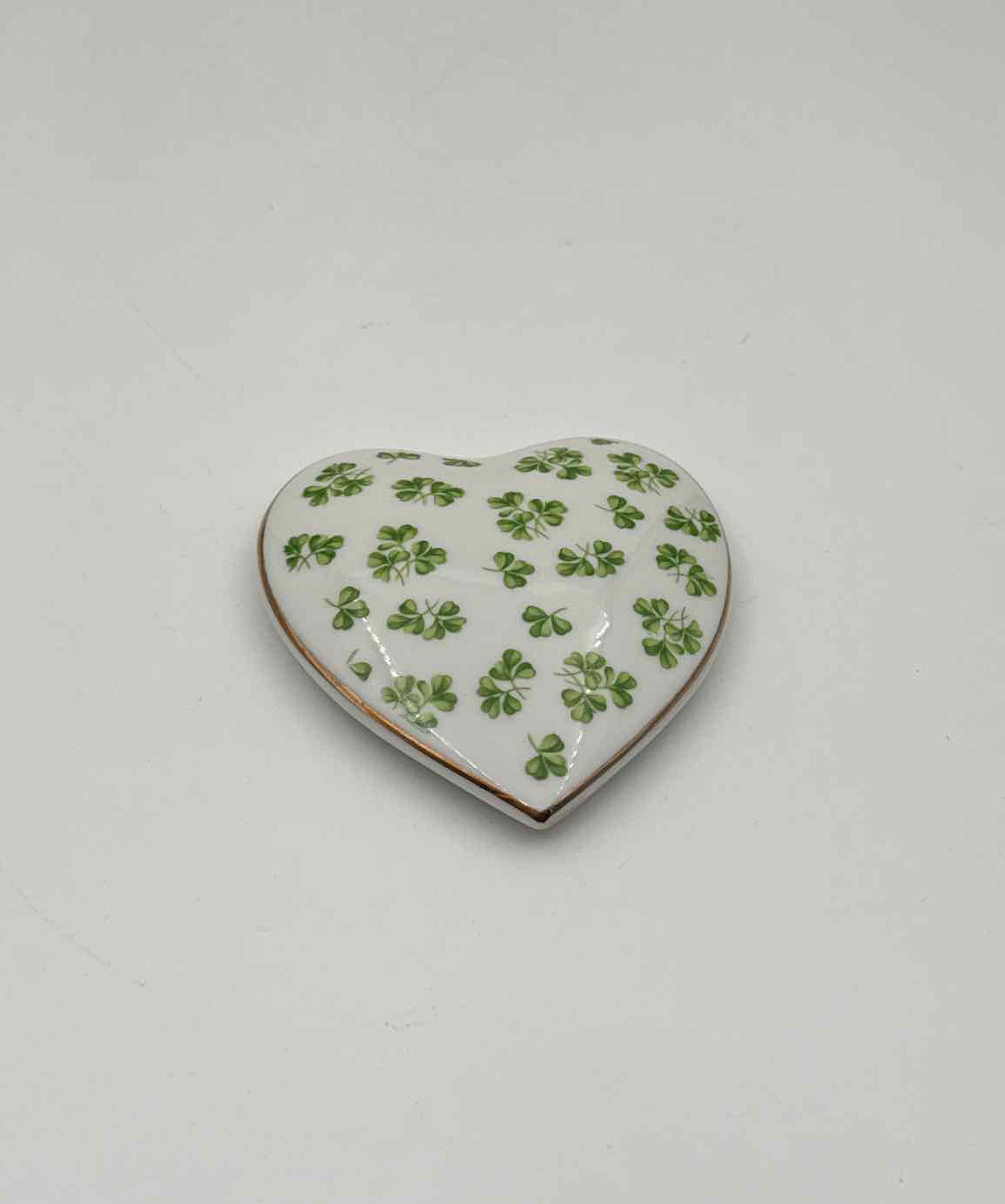 Vintage Shamrock Heart Shaped Porcelain Trinket Box Lucky Clover Decor