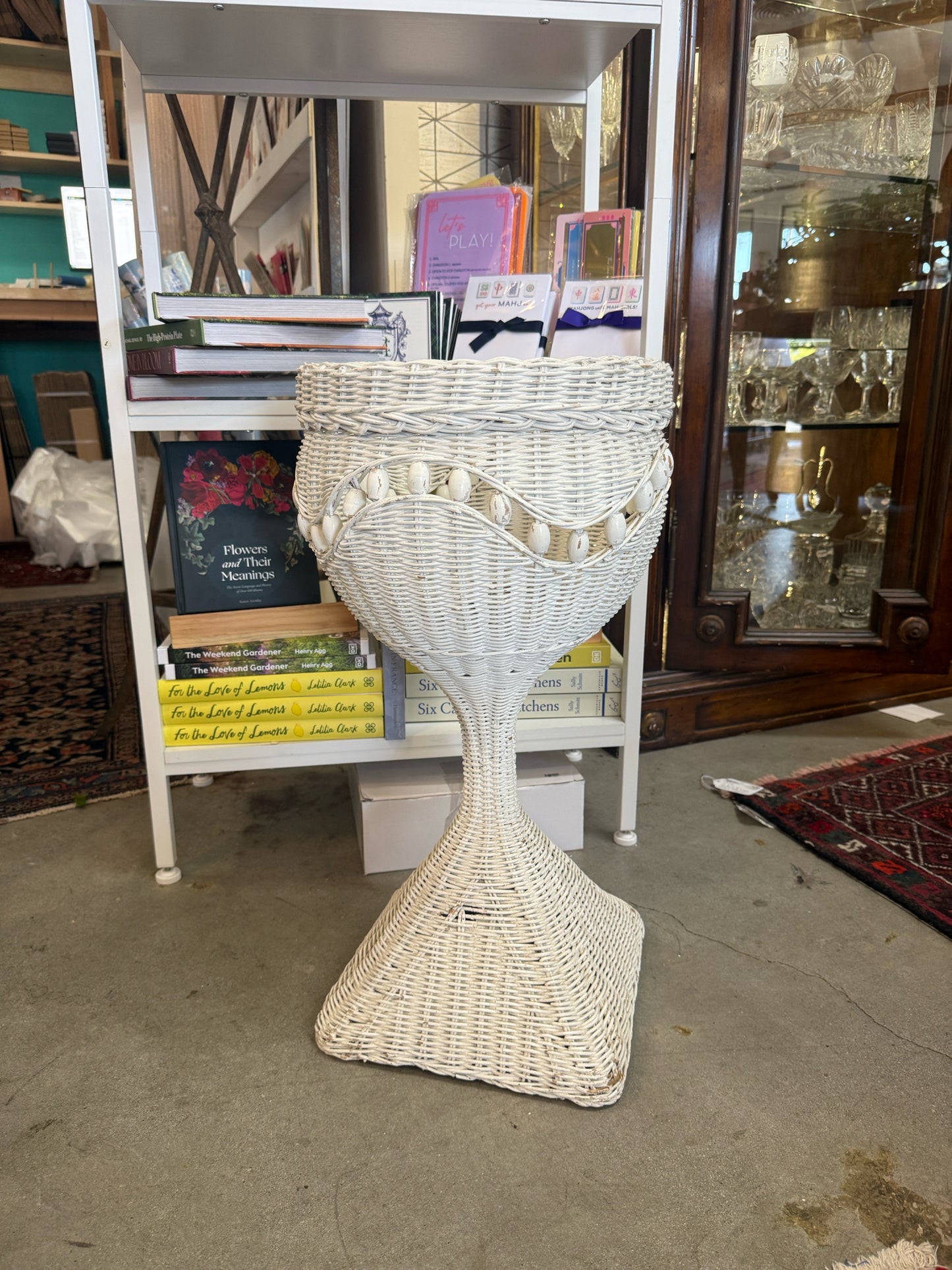 Vintage White Rattan Pedestal Planter With Bead Detailing
