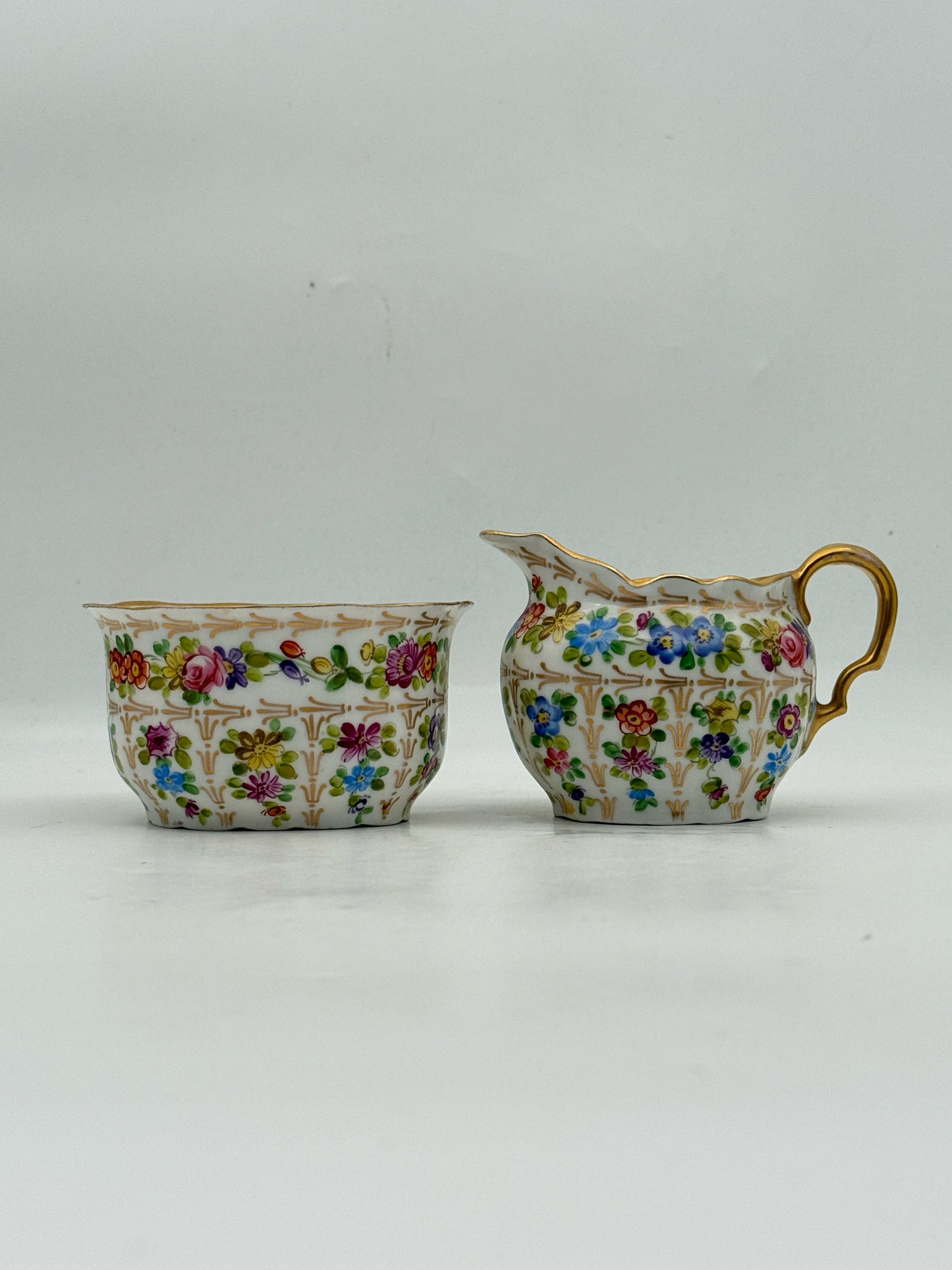 Antique Charles Ahrenfeldt Limoges Flower And Gold Creamer And Sugar