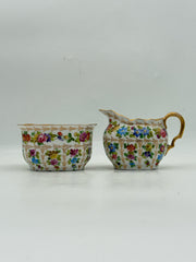 Antique Charles Ahrenfeldt Limoges Flower And Gold Creamer And Sugar