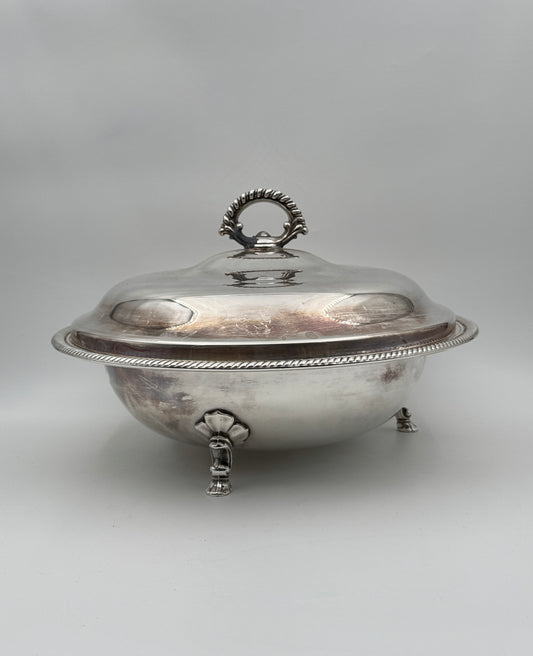 Silverplate Covered Serving Bowl with Glass Insert & Ornate Feet