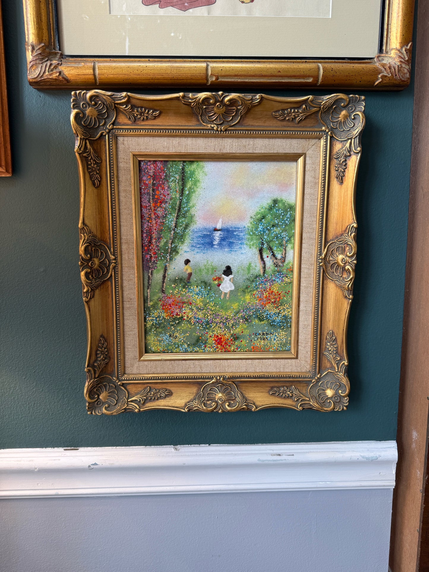 Framed Enamel On Copper Beach Seascape With Children By Louis Cardin