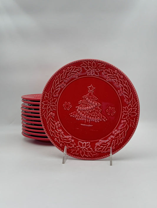 Set of 12 Bordallo Pinheiro Red Christmas Tree Salad Plates