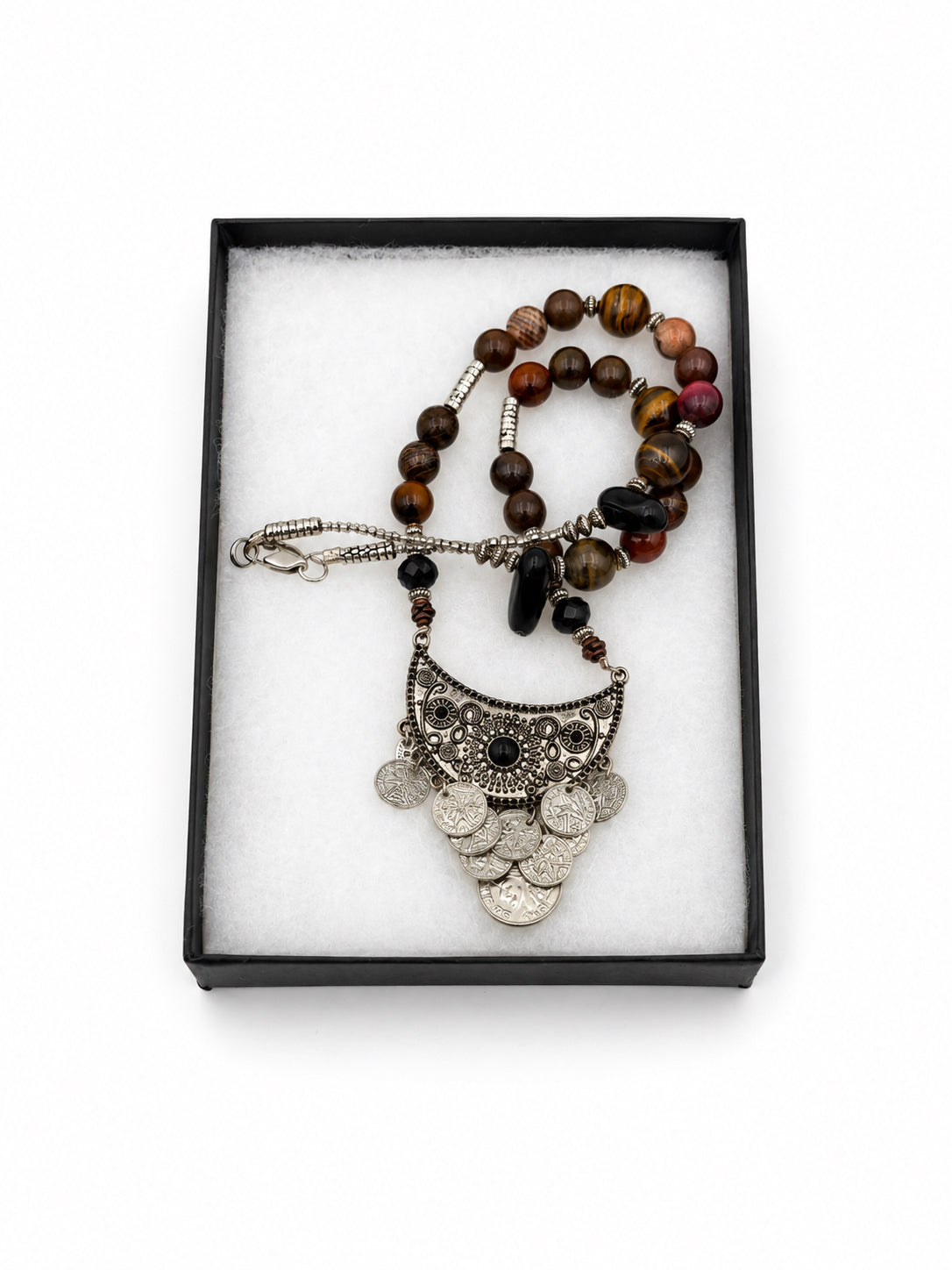 Brown Beaded Necklace With Silver Tone Detailing