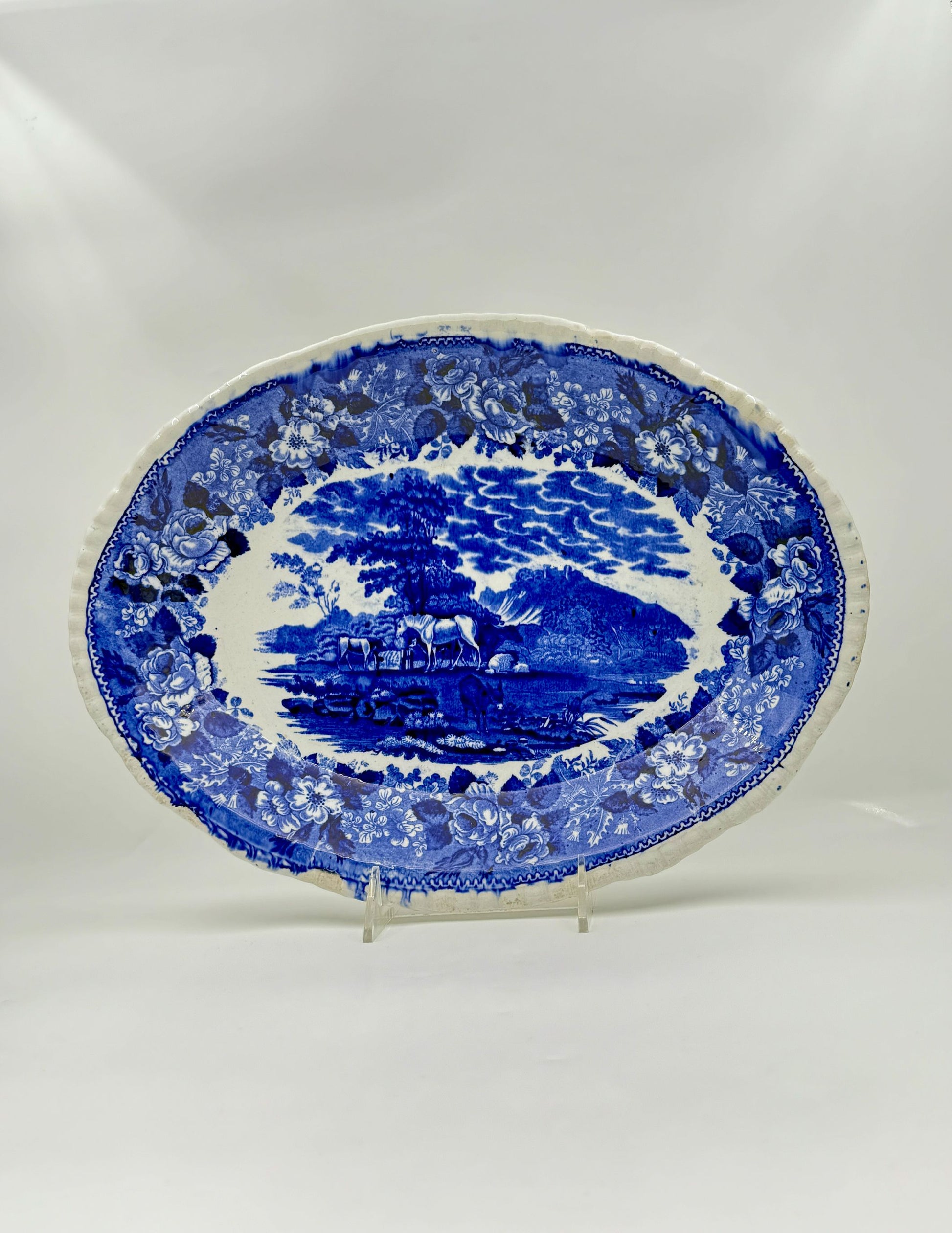 Antique Flow Blue “Cattle Scenery” Platter – William Adams, Staffordshire