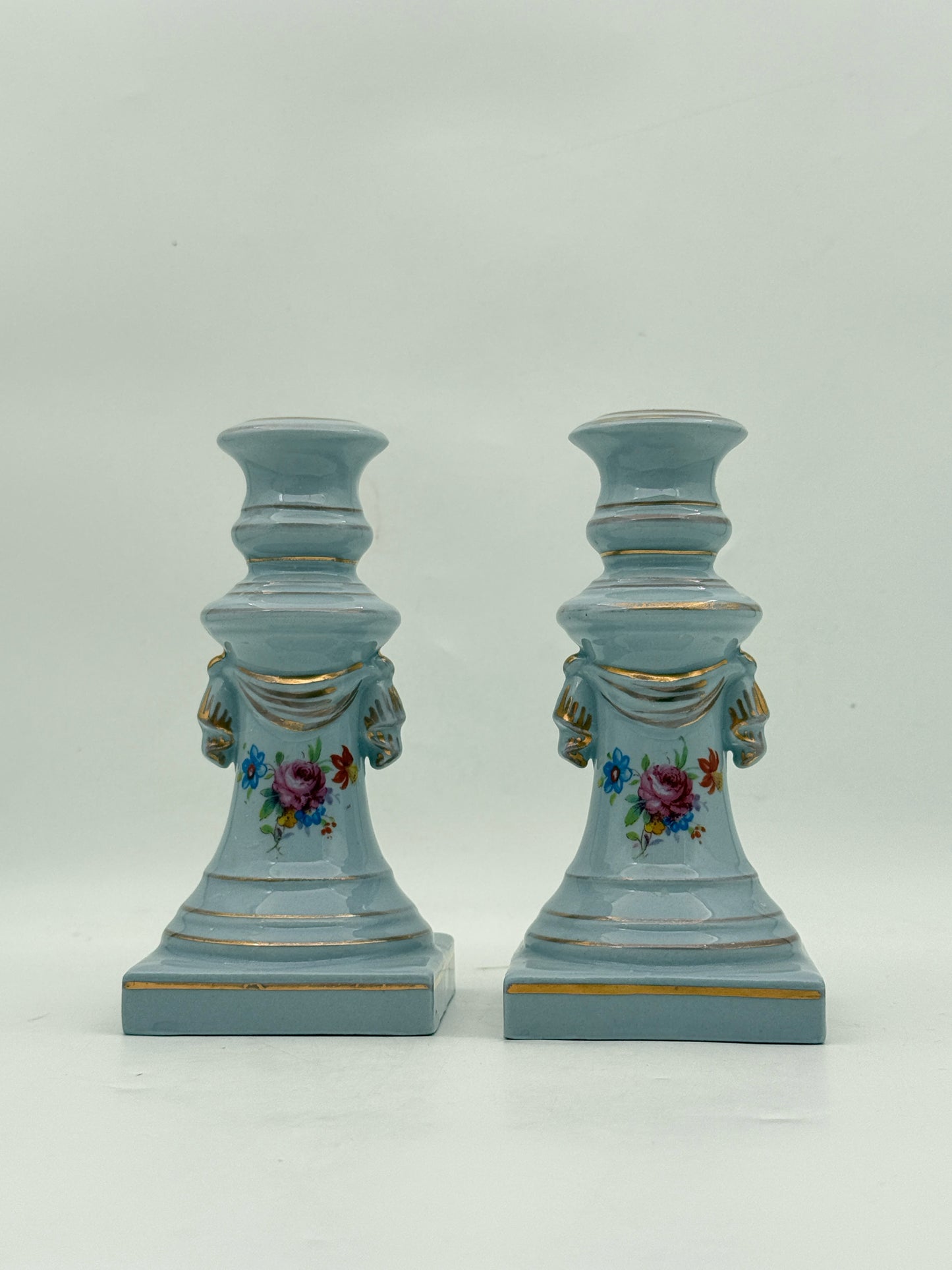 Pair of Vintage Porcelain Candle Holders with Flower Details and Gold Gilt Trim