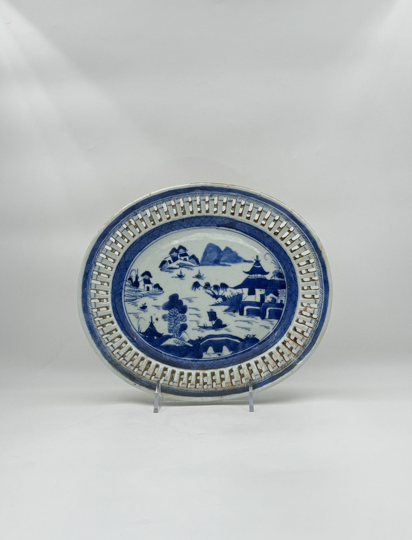 Chinese Export Blue & White Pierced Platter – Pagoda Landscape Art