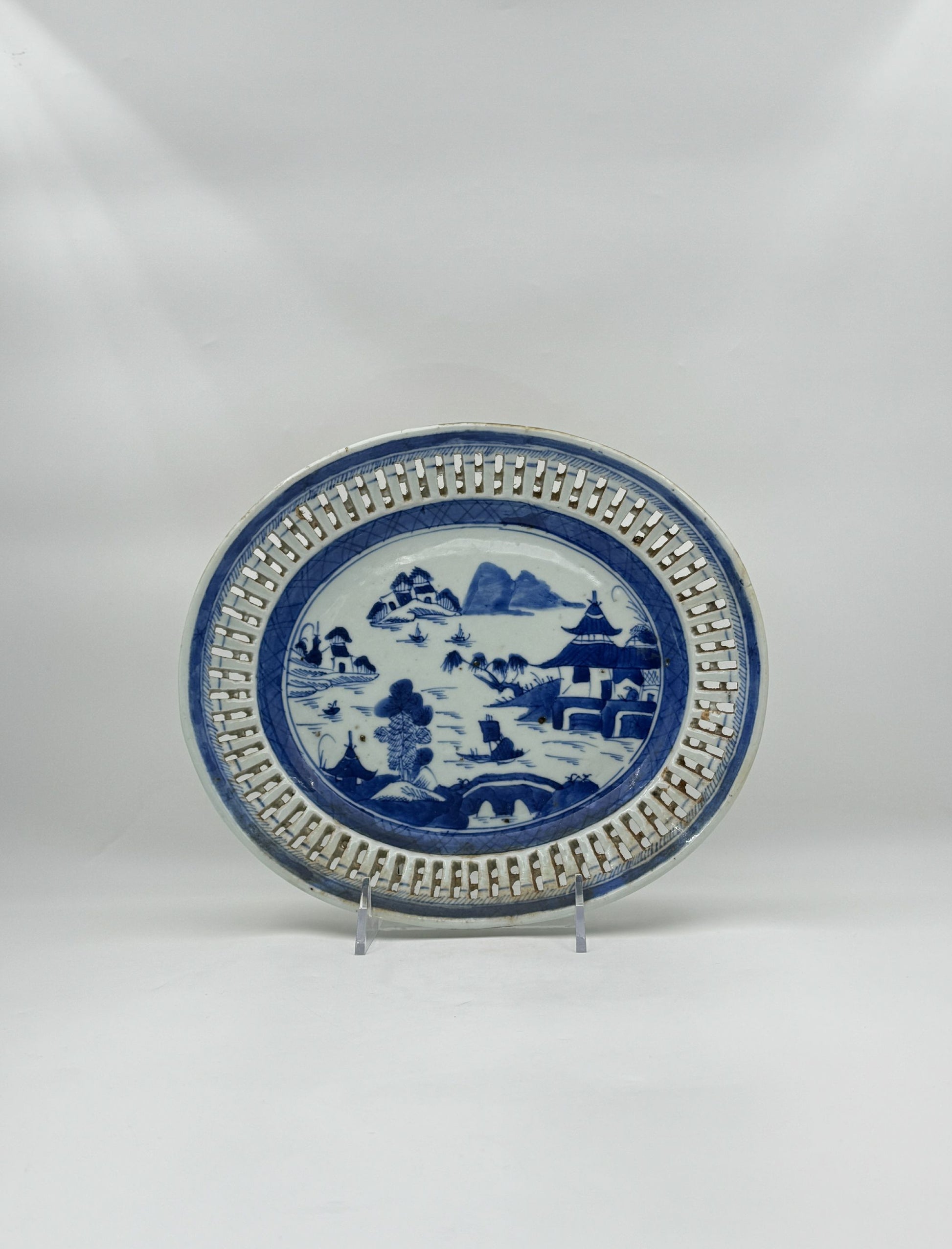 Chinese Export Blue & White Pierced Platter – Pagoda Landscape Art