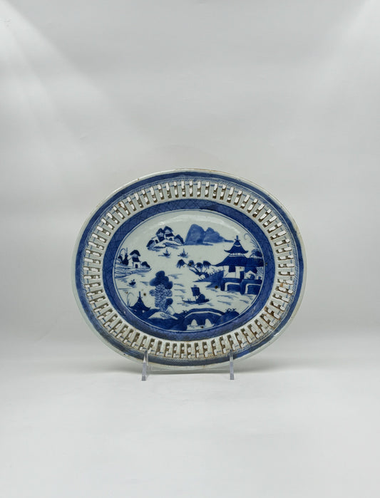 Chinese Export Blue & White Pierced Platter – Pagoda Landscape Art