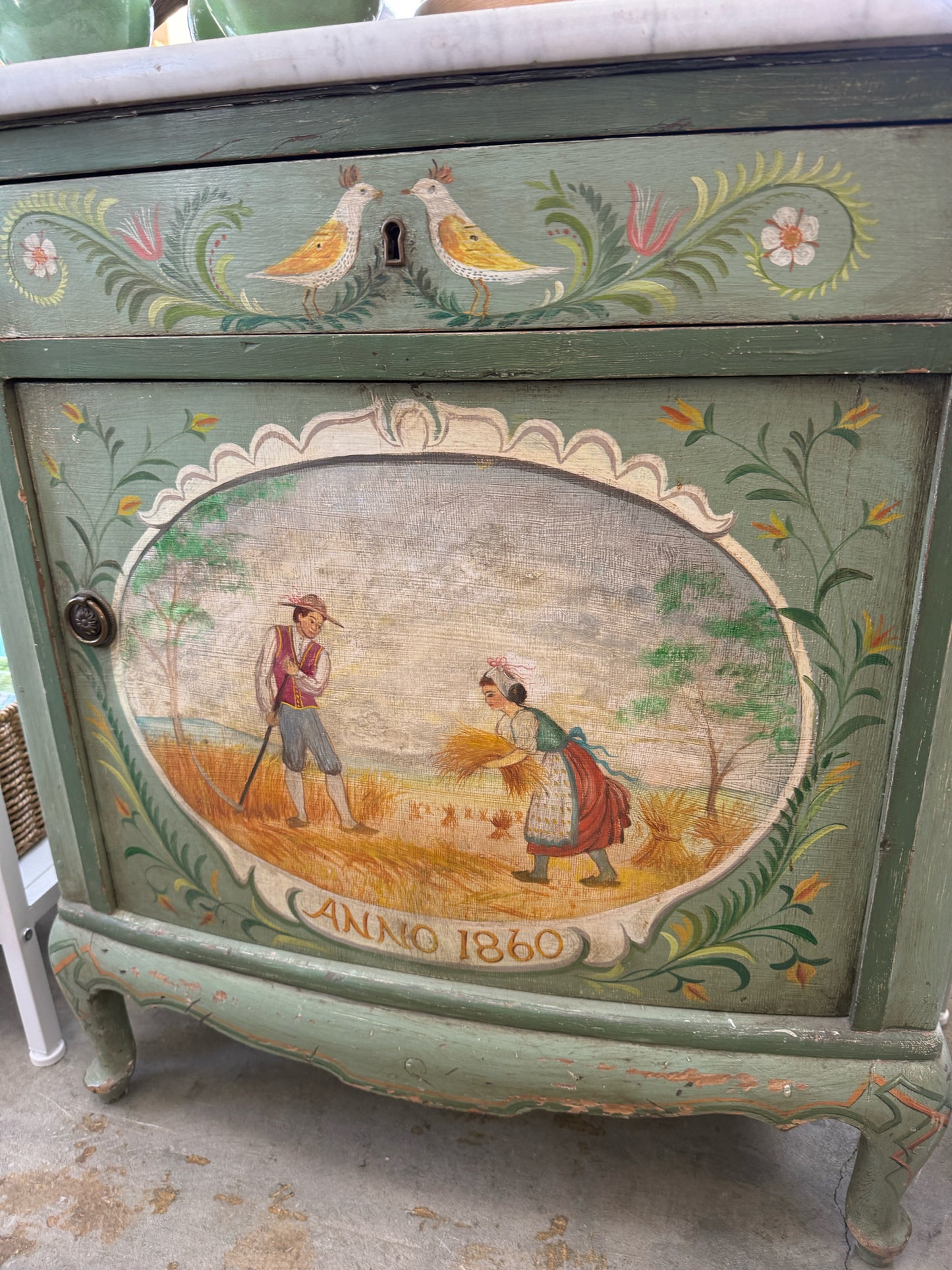 Italian Marble Top Painted Cabinet With Drawer