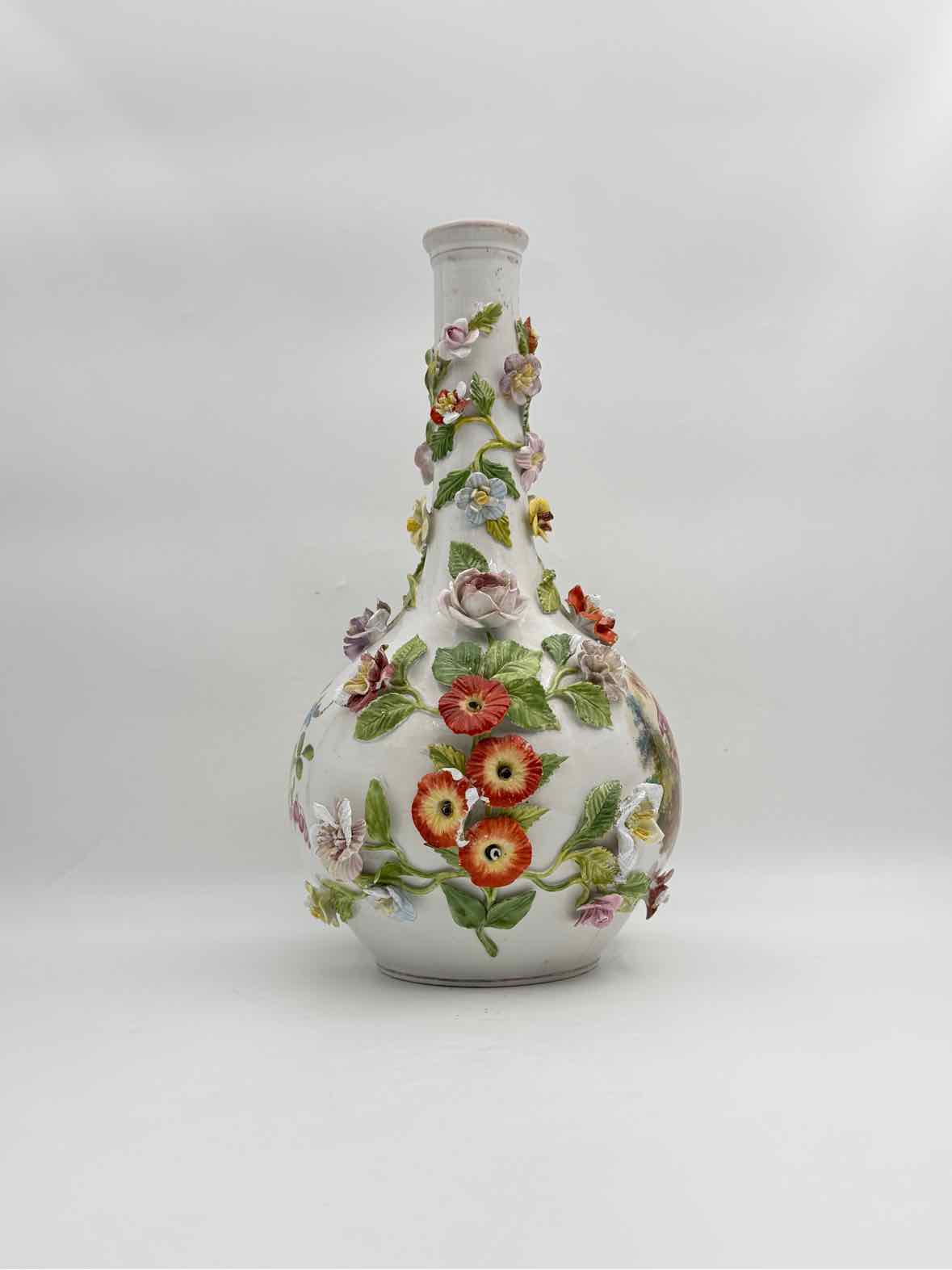 Antique 19th Century Meissen Inspired Floral Encrusted Handpainted Vases