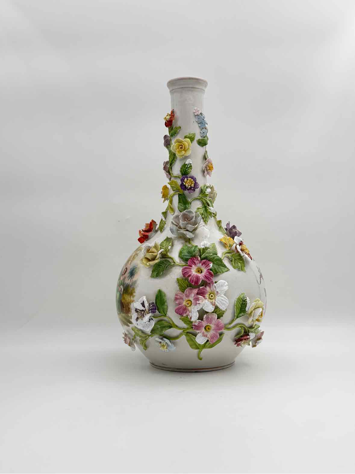 Antique 19th Century Meissen Inspired Floral Encrusted Handpainted Vases