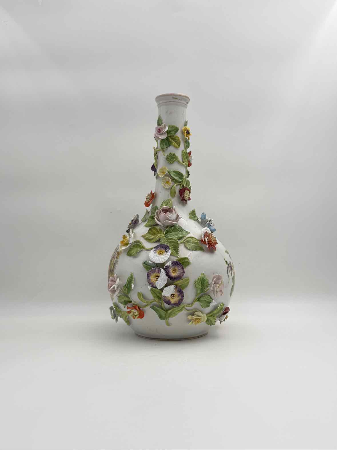 Antique 19th Century Meissen Inspired Floral Encrusted Handpainted Vases