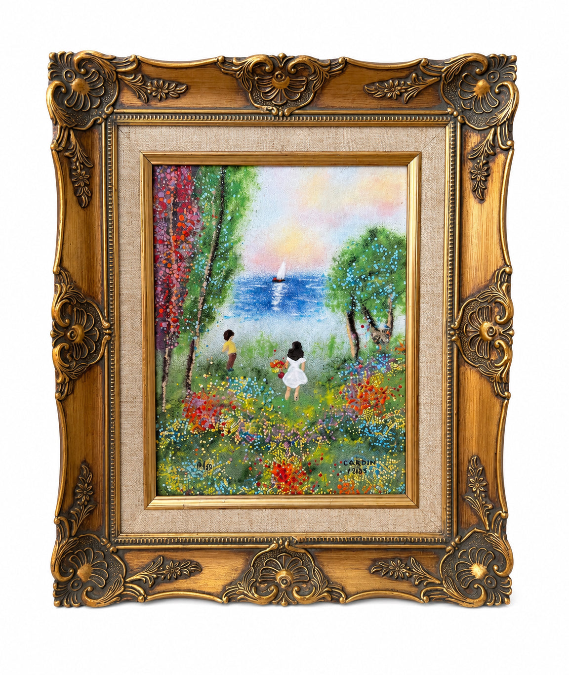 Framed Enamel On Copper Beach Seascape With Children By Louis Cardin