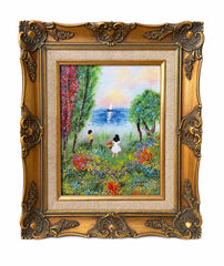 Framed Enamel On Copper Beach Seascape With Children By Louis Cardin