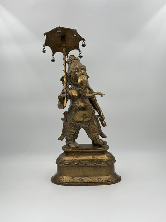 Ganesh Brass Statue with Umbrella – Handcrafted Hindu Deity Figure