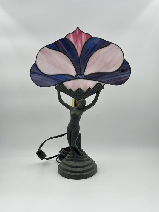 Art Deco Stained Glass Lamp with Female Figure Base
