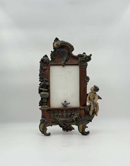 Art Nouveau Style Spelter Photo Frame with Cupid, Molded Iron, 1970s