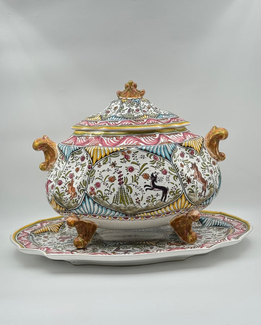 Hand-Painted Portuguese Tureen with Lid and Underplate