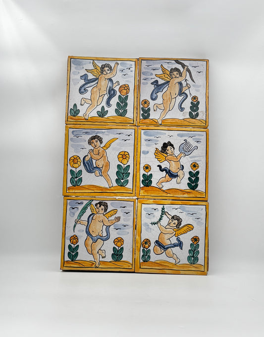 Italian Hand-Painted Tile Artwork Panel – 6 Tiles with Cherub/Angel Motif