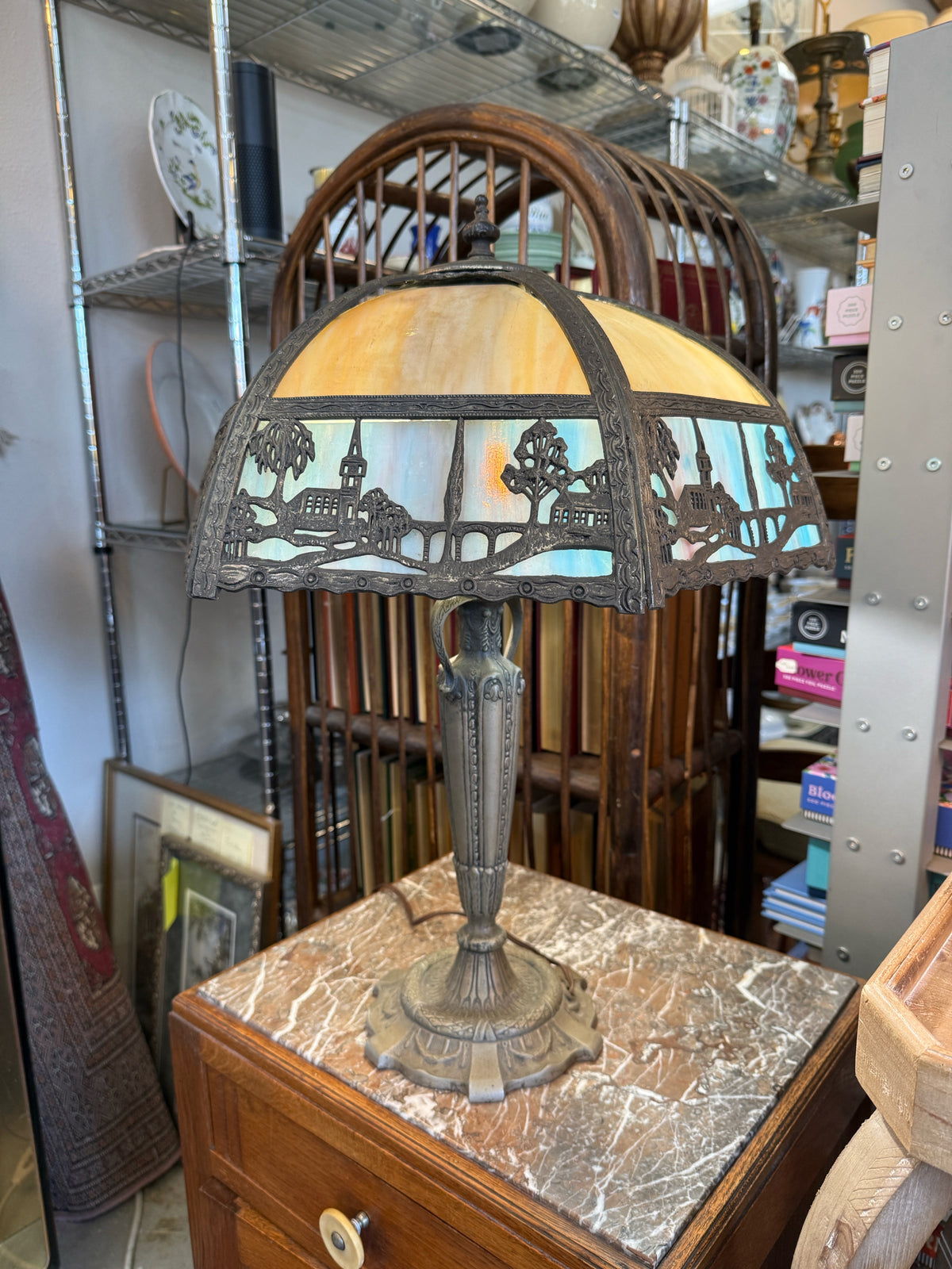 Antique Slag Glass Table Lamp With Scenic Panels