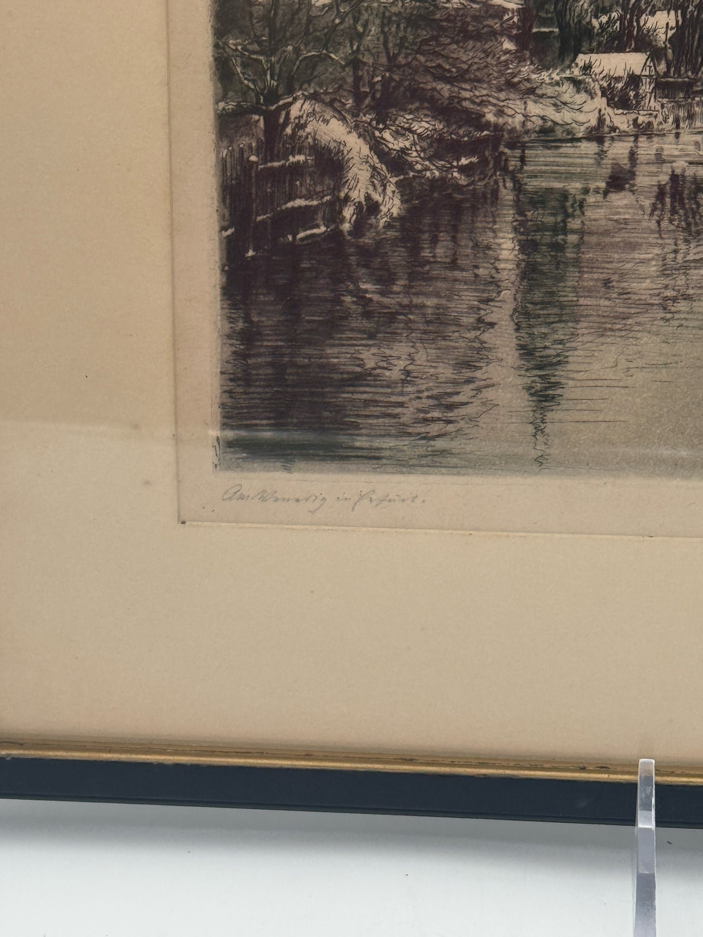 Vintage Framed Etching Of A Winter European Canal Scene