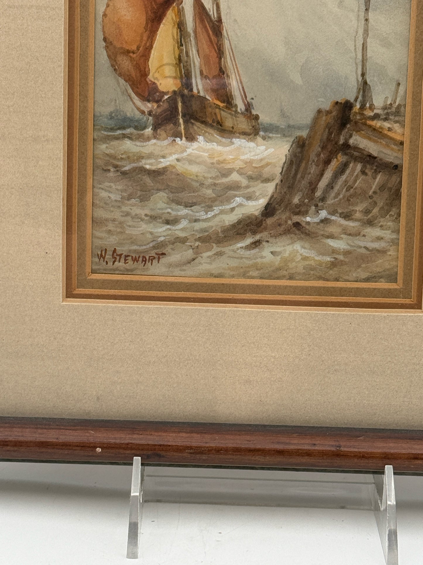 W. Stewart Framed Watercolor Of A Ship At Sea