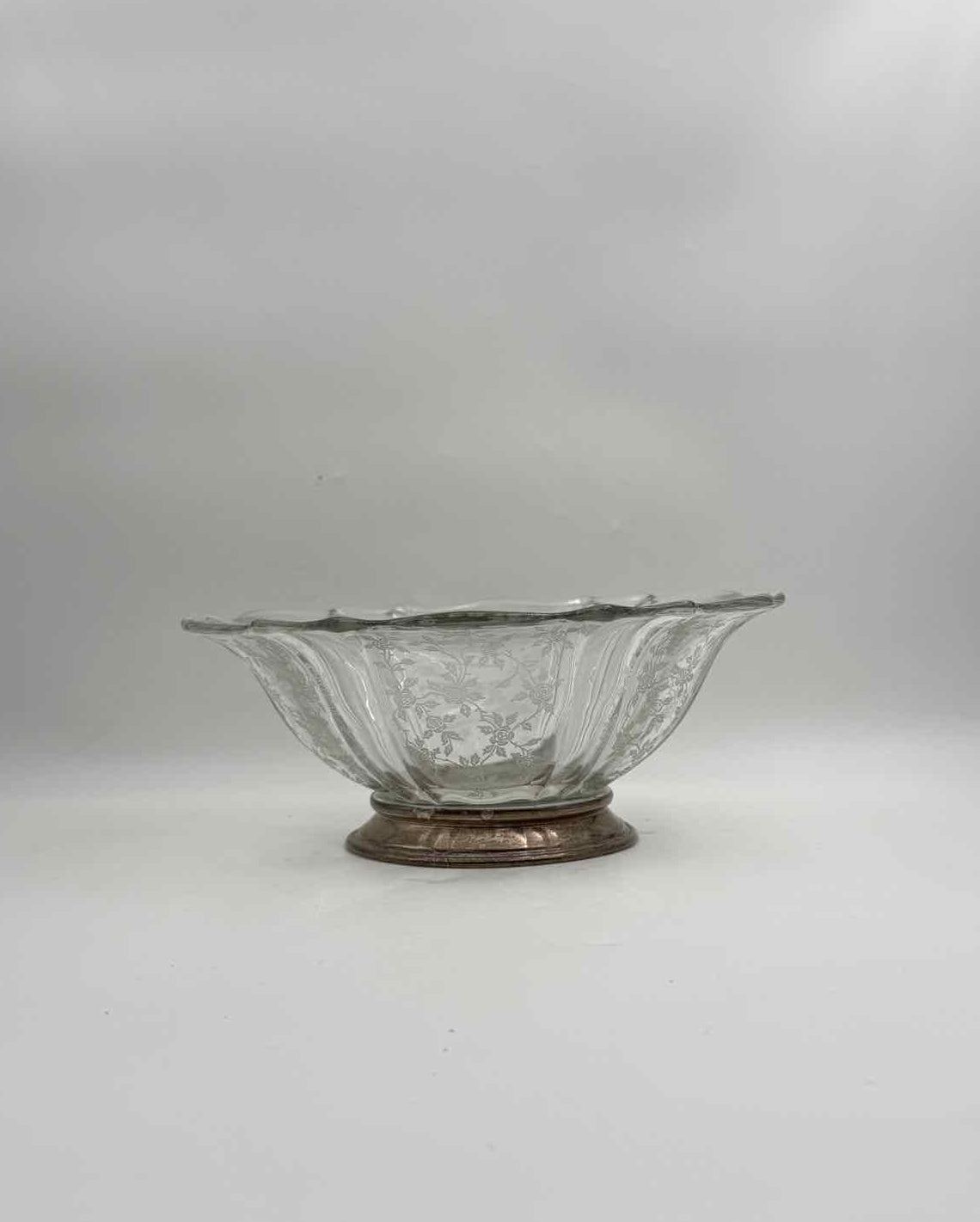 Vintage Etched Glass Bowl Sterling Silver Base Elegant Decor Dish
