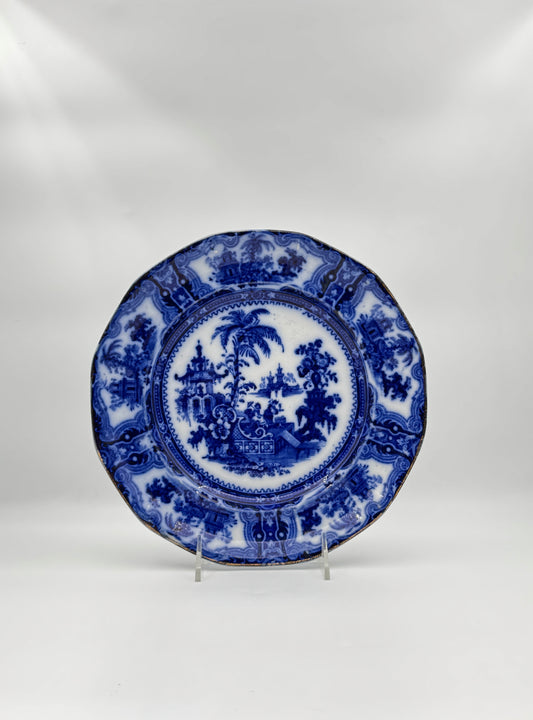 Antique Flow Blue Plate – Oriental Landscape, England c.1850