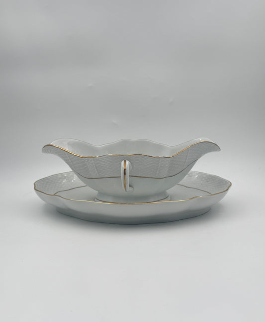 Herend Gravy Boat – White with Gold Rim, Double Handle, Attached Underplate